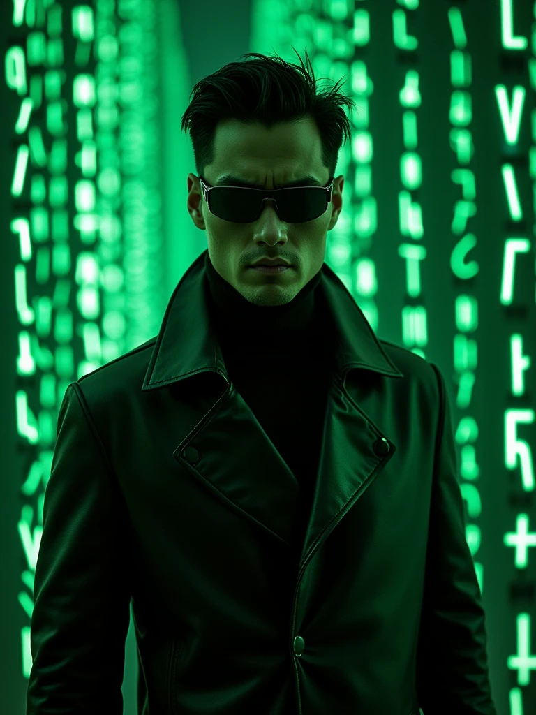Generate a half-body portrait of a man wearing sunglasses, dressed in a leather trench coat reminiscent of the characters from 'The Matrix', against a backdrop of cascading fluorescent green letters, in the style of the film. Pay meticulous attention to (((intricate details))) like sunglasses, coat, and the texture of the cascading letters. Ambition ((extreme quality of details)) to capture the essence of the 'Matrix' aesthetic. create a ((Complex composition)) which conveys the film's iconic cyberpunk atmosphere.