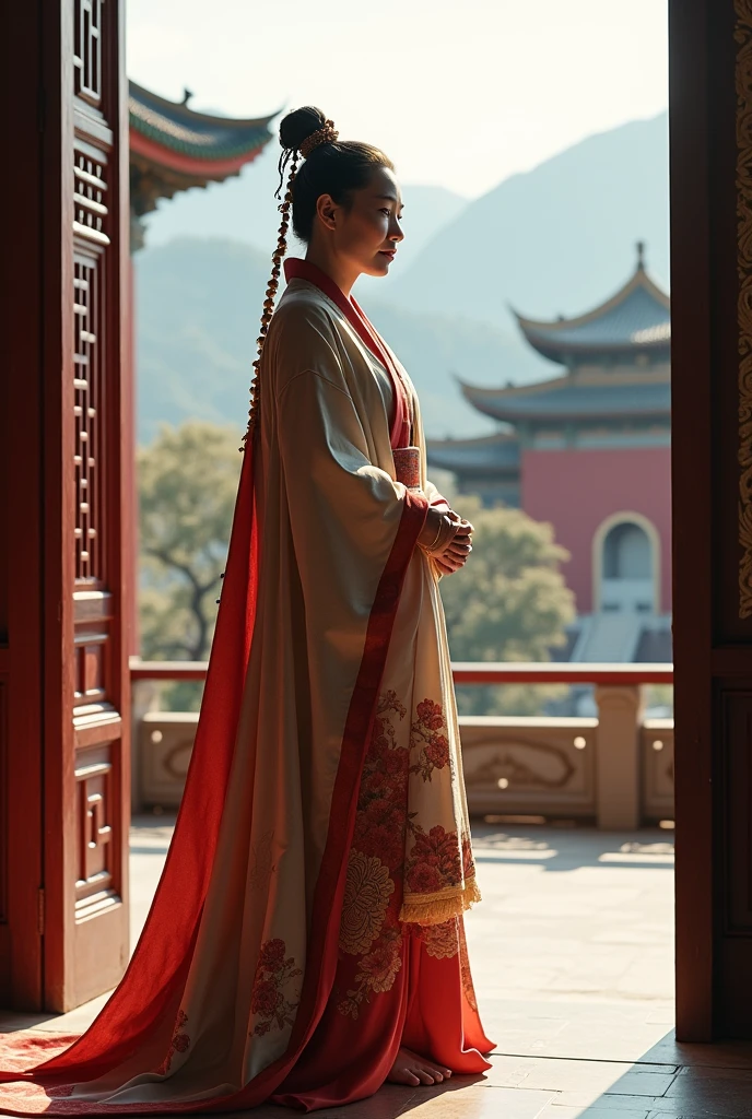 (photorealism:1.2), An old attractive lady of 60 years dressed in ancient Chinese queen dress with long gown and scarf across her elbows with her wrinkled barefoot peeping out from the long gown that reaches the floor standing beside an open varanda that views a Chinese Palace outside (The woman has chignon hair)