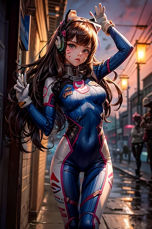 1girll, (D.va (Overwatch):0.8), Solo, Long hair, whisker markings, tightsuit, Brown hair, face markings, mitts, Breasts, Brown eyes, pilotsuit, Cowboy shot, Earphone, White gloves, Medium breasts, sweeping bangs, skin tight, Animal print, bangs, Bunny print, Ribbed one-piece tights, facepaint, Pink lips, leaning back against the wall, holding , Serious look, questionable,  caring, investigative, Dark Alley, Night, Night sky, Red light, (Silhouette, hard light:1.2),
