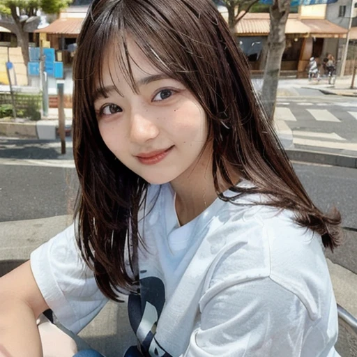 (skin blemish:0.8), (skindentation), black eye, 1woman, 25yo, (((woman))), solo, realistic, best quality, photorealistic, masterpiece, 8k, high res, solo, extremely detailed face, (professional lighting, bokeh), (light particles, lens flare, glowing particles:0.6), (dynamic pose:0.8), soft lighting, top angle view, fashionable and trendy atmosphere, Japan, tokyo, playground, street, city, shop, river, ((daytime)), sky, ((looking at the viewer:1)), (looking at the camera),(portrait:0.6), cowboy shot, gorgeous, sitting, hands down, keep original facial proportion, wide shoulder, full body, (medium breast), (long hair), brown hair, floating hair, lips, lipstick, seductive smile, floating hair, smile, open_mouth, teeth, T-shirt, round neck T shirt, shorts, jeans, eyelashes, mole, (mole under eye:1),   
