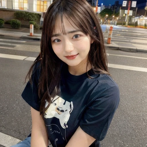 (skin blemish:0.8), (skindentation), black eye, 1woman, 25yo, (((woman))), solo, realistic, best quality, photorealistic, masterpiece, 8k, high res, solo, extremely detailed face, (professional lighting, bokeh), (light particles, lens flare, glowing particles:0.6), (dynamic pose:0.8), soft lighting, top angle view, fashionable and trendy atmosphere, Japan, tokyo, playground, street, city, shop, river, ((daytime)), sky, ((looking at the viewer:1)), (looking at the camera),(portrait:0.6), cowboy shot, gorgeous, sitting, hands down, keep original facial proportion, wide shoulder, full body, (medium breast), (long hair), brown hair, floating hair, lips, lipstick, seductive smile, floating hair, smile, open_mouth, teeth, T-shirt, round neck T shirt, shorts, jeans, eyelashes, mole, (mole under eye:1),