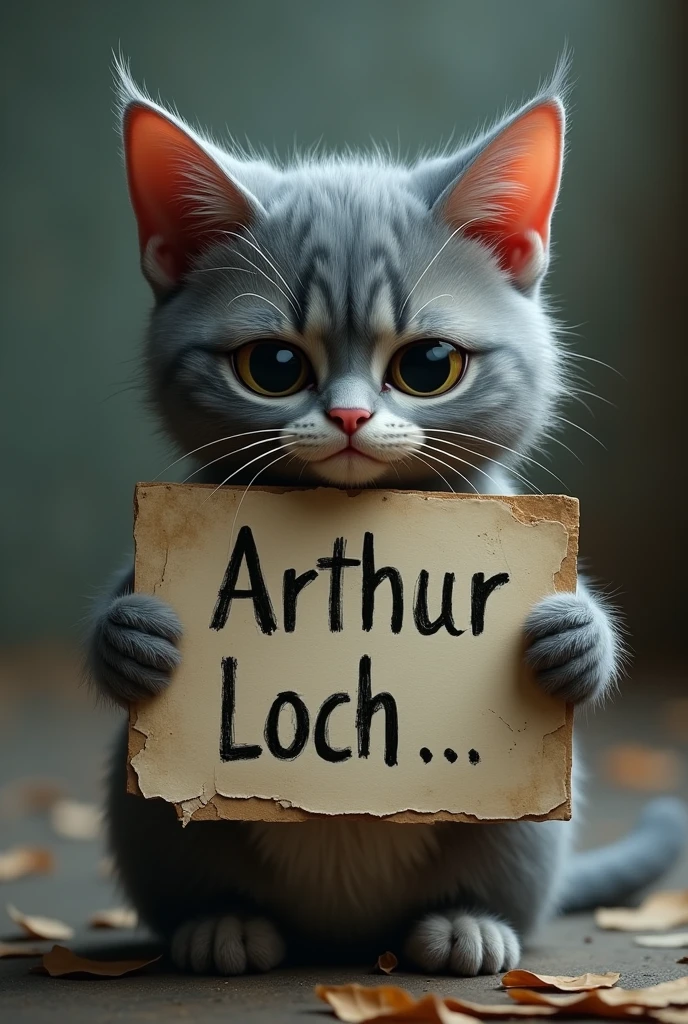 Sad cat holding sign saying arthur loch
