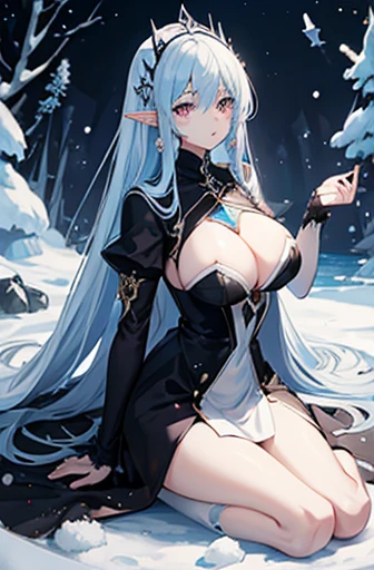Anime, woman, long hair, pale blue hair, pink eyes, gently, earrings, big boob, wearing a black dress, beautiful, elegant, pure, fantasy, ice, snowflake, snow land, cool, noble, fur coat, elf, crystal,