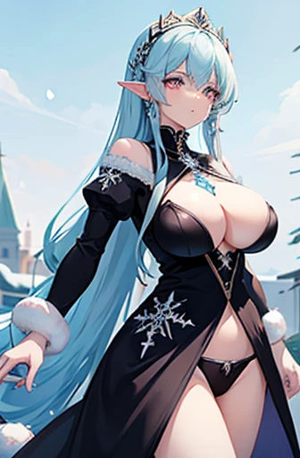 Anime, woman, long hair, pale blue hair, pink eyes, gently, earrings, big boob, wearing a black dress, beautiful, elegant, pure, fantasy, ice, snowflake, snow land, cool, noble, fur coat, elf, crystal, 