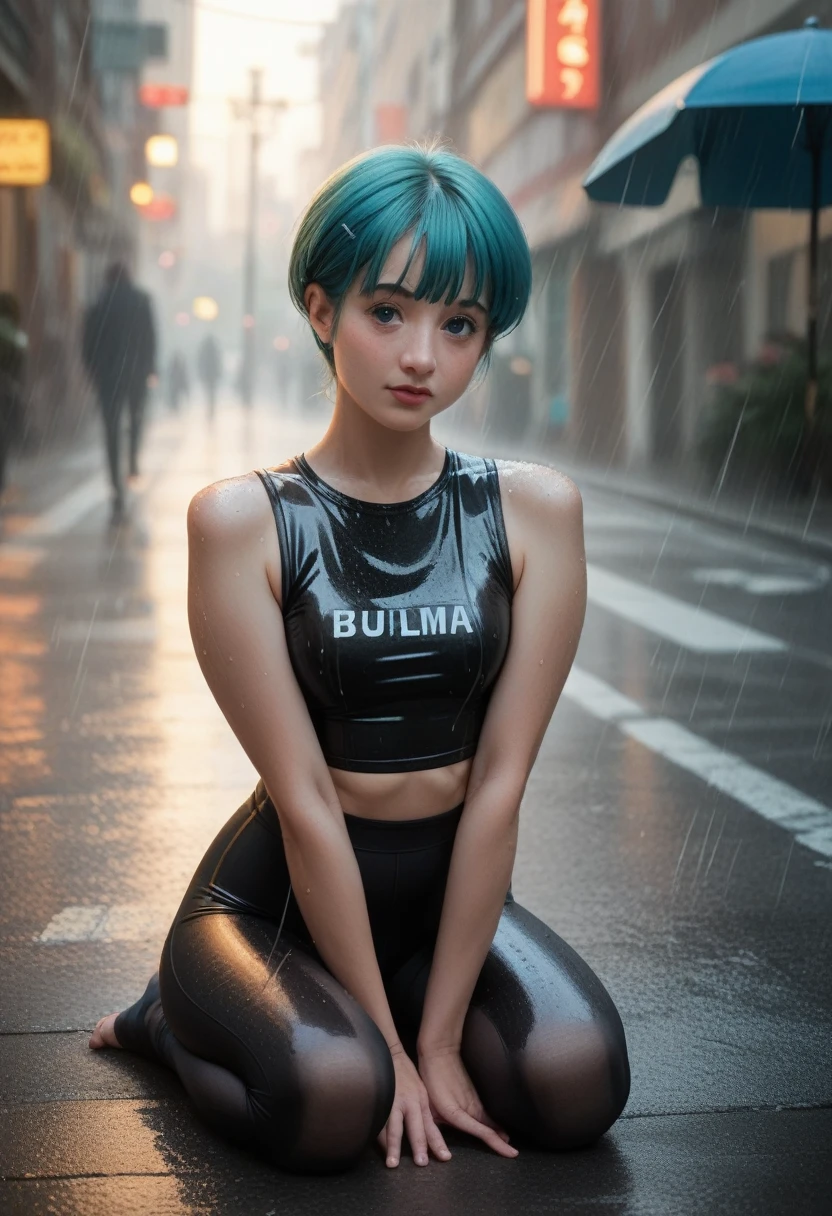 Masterpiece, , intricately detailed background, (UHD, 8K wallpaper, High resolution), Cinematic lighting, award-winning, extremely detailed skin, extra detailed face, high detail eyes, photo-realistic, Zeiss 85 mm F/1.4, by Ellen von Unwerth,  hot look , sitting on rain street, ,  kneeling, ,sexy leggings,slim top,bulma