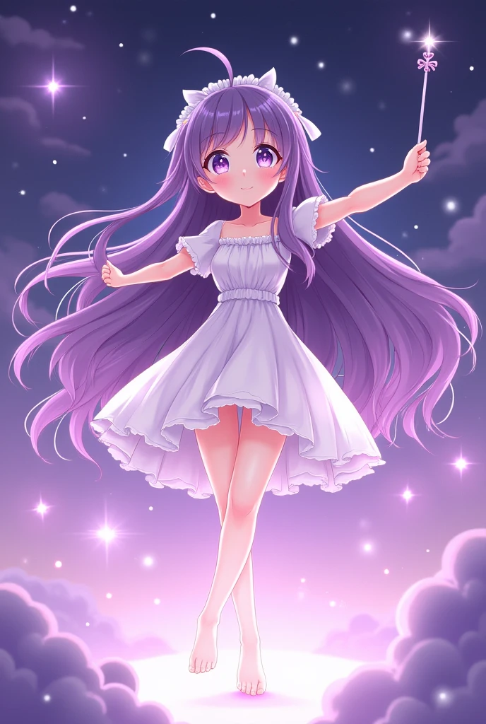 (1 girl: 0.6) Ai Hoshino, girl with long hair holding a magic wand and purple dress, purple albedo, anime moe art style, (movie quality: 0.3), anime girl, singer, purple eyes, magical girl, zero sauce art, magical girl anime real hou shoujo, white shirt, purple long hair, (bare legs), (stars), (delicate facial features: 0.6), head decoration, (delicate hands: 0.9), white dress, (big eyes: 0.5), singing, WeChat, dead