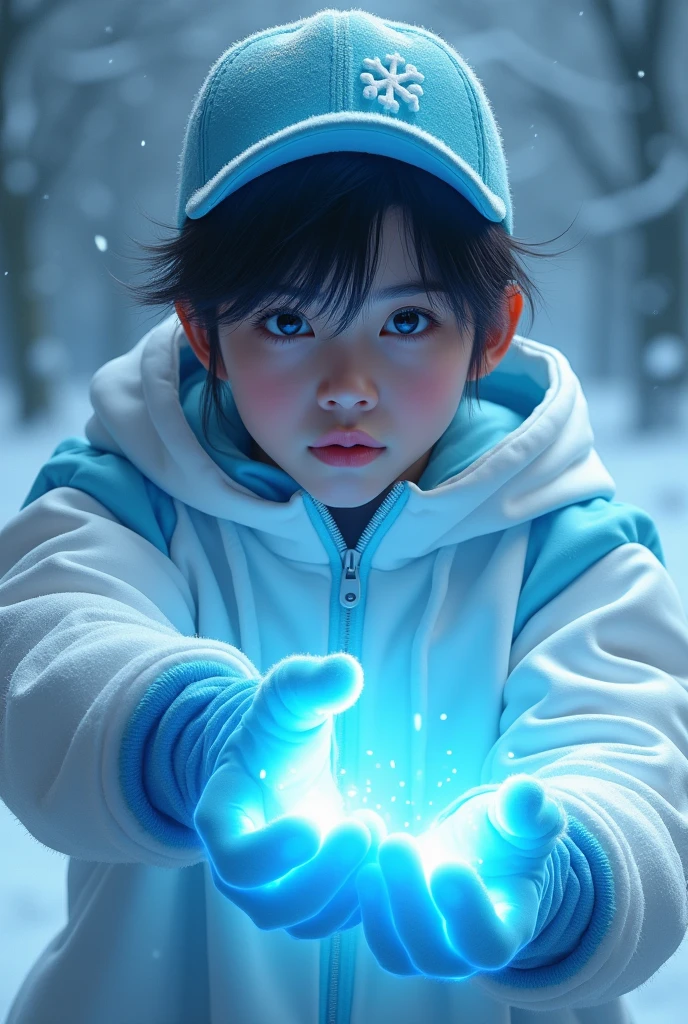 a young real  . 17 Malaysiandonesia.(Blue eyes) Glowing eyes. . wearing an (white light blue ) zip-up shirt, (white light blue ) cap with small light blue (snowflake) logo. Enger face . Dramatic. White hoodie., detailed face, cinematic lighting, dramatic atmosphere,. Winter day.  vibrant colors, 8k, high quality, photorealistic. Hero suit. Ice come from his hand. wear two big gaunlet made from ice . Glowing hand lightblue .white light blue , snow logo design . Very strong. Future design dress. Very epic. Very cool background. 