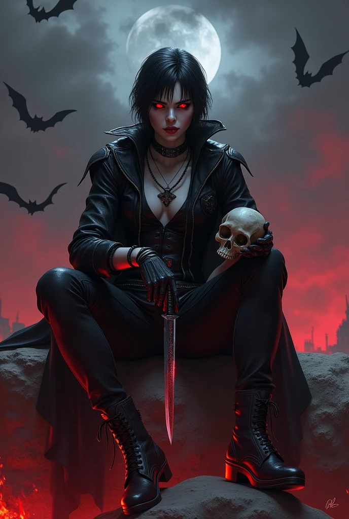 (photorealism:1.2) Artery de call of duty, woman in vampire attire, with red eyes, short black hair, holding a skull in one hand and an extremely sharp knife dripping blood near his face in the other, posing sitting on a mountain of skeletons at night, with a menacing look and a serious face, with grey clouds in the background with bats and a reddish sky, with burning embers at his feet. All this with the style of the characters from Call of Duty Mobile.