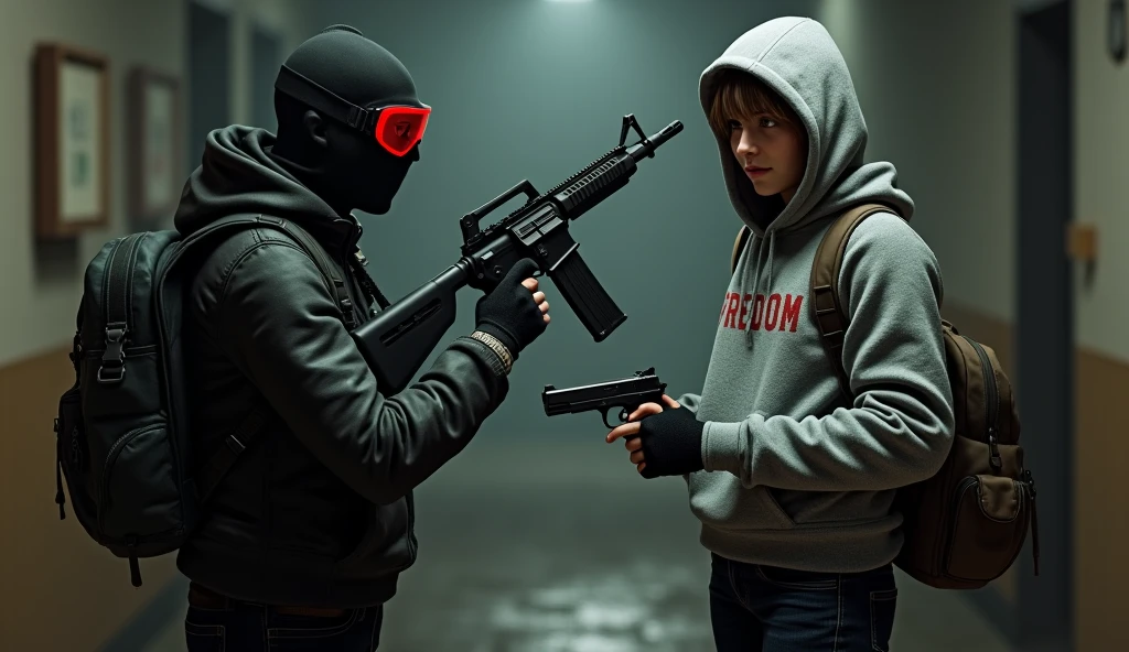 F.E.A.R. operative wearing black tactical balaclava and red googles holding assault rifle and standing with a guy holding a pistol and wearing a hood with black shaggy hair, and brown eyes. His attire typically consists of a grey hoodie that features the word “freedom” written on the back, along with black fingerless gloves, black jeans, and black shoes. He also carries a navy green satchel bag. The background is creepy