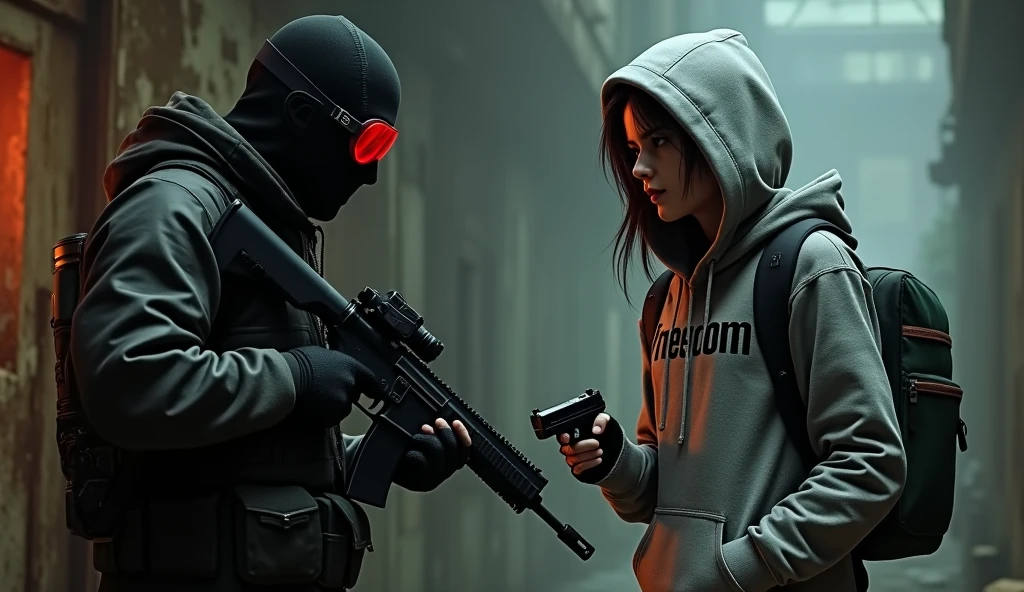 F.E.A.R. operative wearing black tactical balaclava and red googles holding assault rifle and standing with a guy holding a pistol and wearing a hood with black shaggy hair, and brown eyes. His attire typically consists of a grey hoodie that features the word “freedom” written on the back, along with black fingerless gloves, black jeans, and black shoes. He also carries a navy green satchel bag. The background is creepy