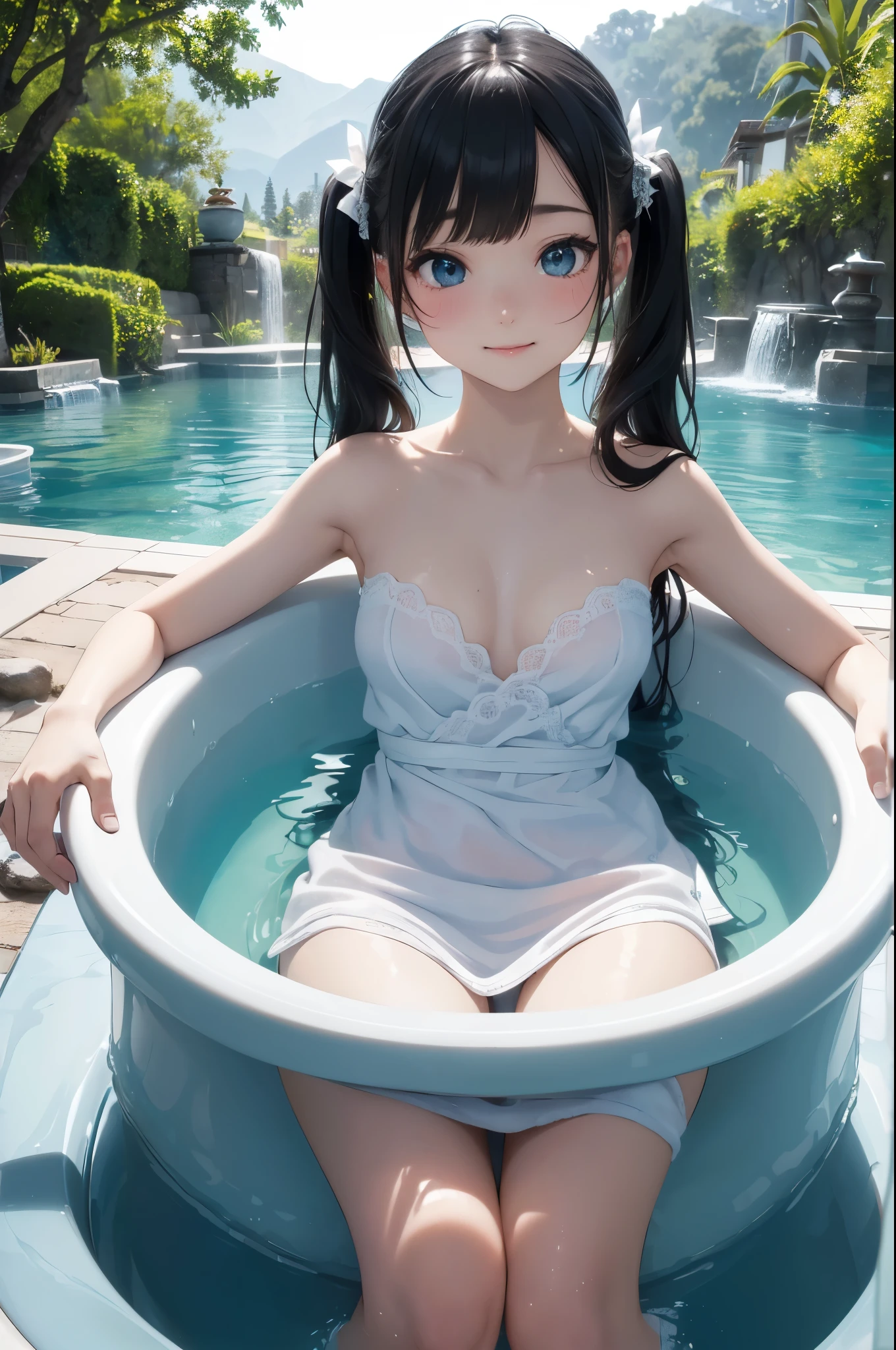 ((masterpiece)), ((highest quality、Ultra high definition)), (Very detailed),((8k、Photo quality))、((Amazingly cute girl))、(16-year-old girl,)、Two people, , (Beautiful emerald blue eyes), ((smile)),((A Japanese-style open-air rock bath at a luxury inn)), Beautifully arranged black hair in twin tails、Slim Body、(Cute little breasts)、(((A white bath towel is wrapped around her)))、Professional Lighting、(White lace knee-highore detailed and beautiful)、(More details and cutenesore realistic)、((Just wear light clothing))、Frolic in the pool、(Too cute)、(The embodiment of cuteness)、(Godly cuteness)、((Night view))、((It seems visible but it&#39;s not))、