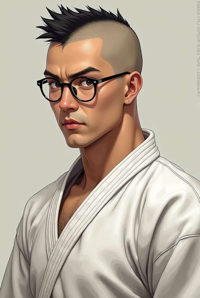 Watanabe Kaiya man's hair is spiky
Short hair, kind-looking face, shaved head, glasses, single eyelids, karate, strong