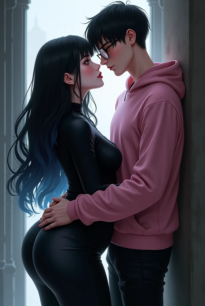 Couple of boyfriends she gothic with curvy body big cheeks big butt black hair with blue big brown eyes light skin, dressed in black, He has straight hair combed up and small rectangular glasses and a wide nose and a pink sweatshirt and black pants