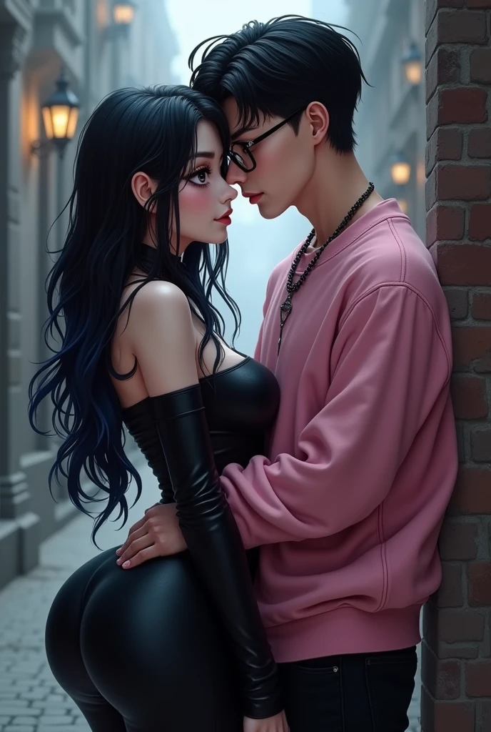 Couple of boyfriends she gothic with curvy body big cheeks big butt black hair with blue big brown eyes light skin, dressed in black, He has straight hair combed up and small rectangular glasses and a wide nose and a pink sweatshirt and black pants 