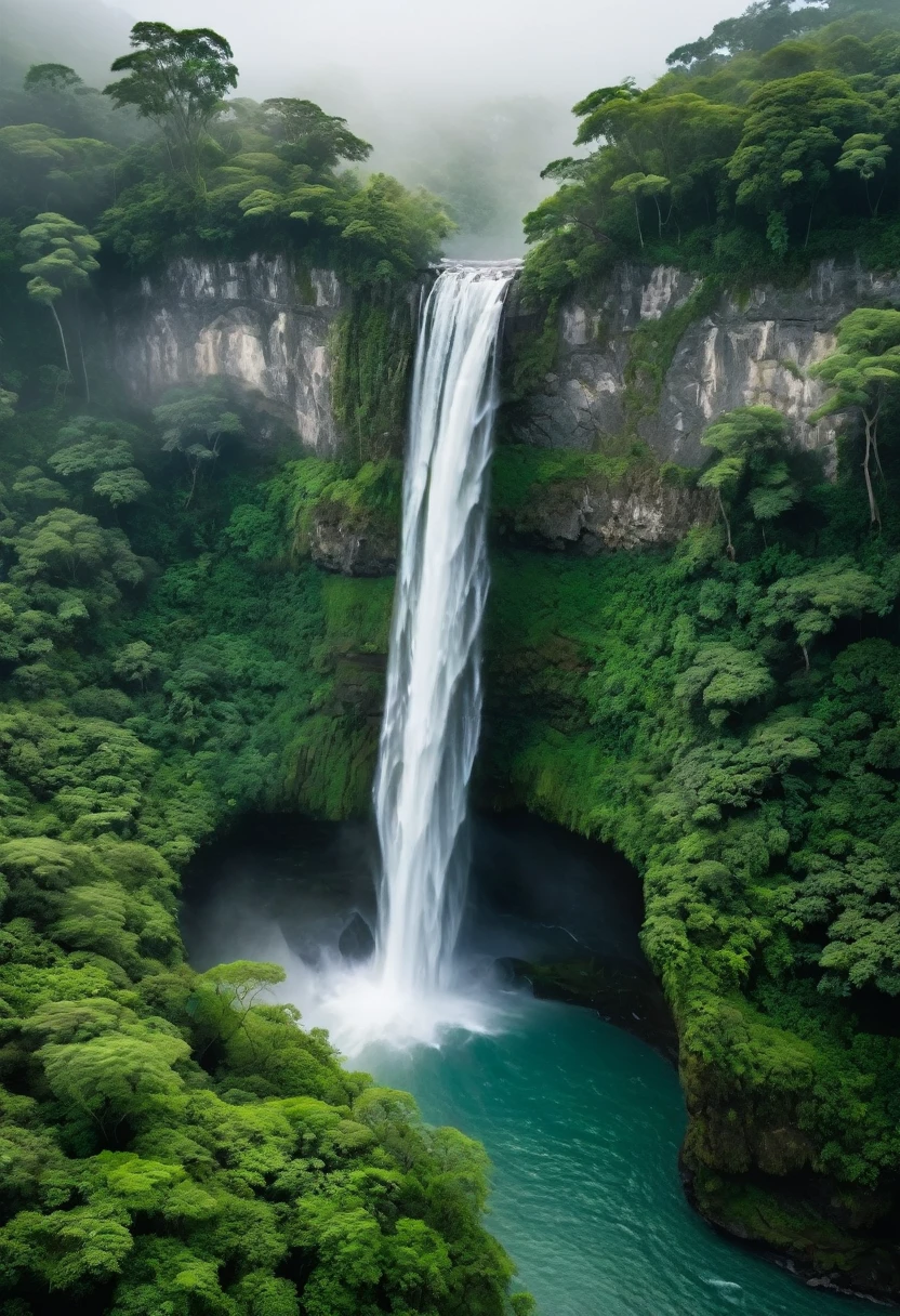 The image is an aerial view of a waterfall cascading down a rocky cliff. The waterfall is surrounded by lush greenery on both sides, with trees and bushes covering the entire landscape. The water is white and frothy, and it appears to be flowing over the rocks. The cliff is covered in greenery, and there is a layer of fog or mist covering the top of the waterfall. The sky is overcast, and the overall mood of the image is peaceful and serene.4k realistic 
