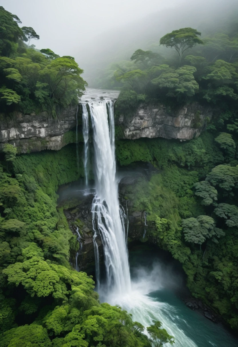 The image is an aerial view of a waterfall cascading down a rocky cliff. The waterfall is surrounded by lush greenery on both sides, with trees and bushes covering the entire landscape. The water is white and frothy, and it appears to be flowing over the rocks. The cliff is covered in greenery, and there is a layer of fog or mist covering the top of the waterfall. The sky is overcast, and the overall mood of the image is peaceful and serene.4k realistic 