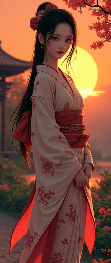 1579 years,Front view , ((whole body,Standing in the garden), The Azuchi-Momoyama Period of Japan, View your viewers, Beautiful Japanese Woman,Her name is Hosokawa Graci, Front view , ((Full-body, standing on garden), a Japanese ancient girl, looking at viewer, beautiful Japanese Young General, girl is 20 years old, (Highly detailed face, Black hair ,Brown eye, Variegated eyes, Fuller lips, little Lips, little smile), (middle breasts, middle hip), (Japanese kimono, flower pattern), standing in Japanese Palace, near Garden, sunset ,(masterpiece, Highest quality, masterpiece, God-like quality, Godly art, , Very realistic)
