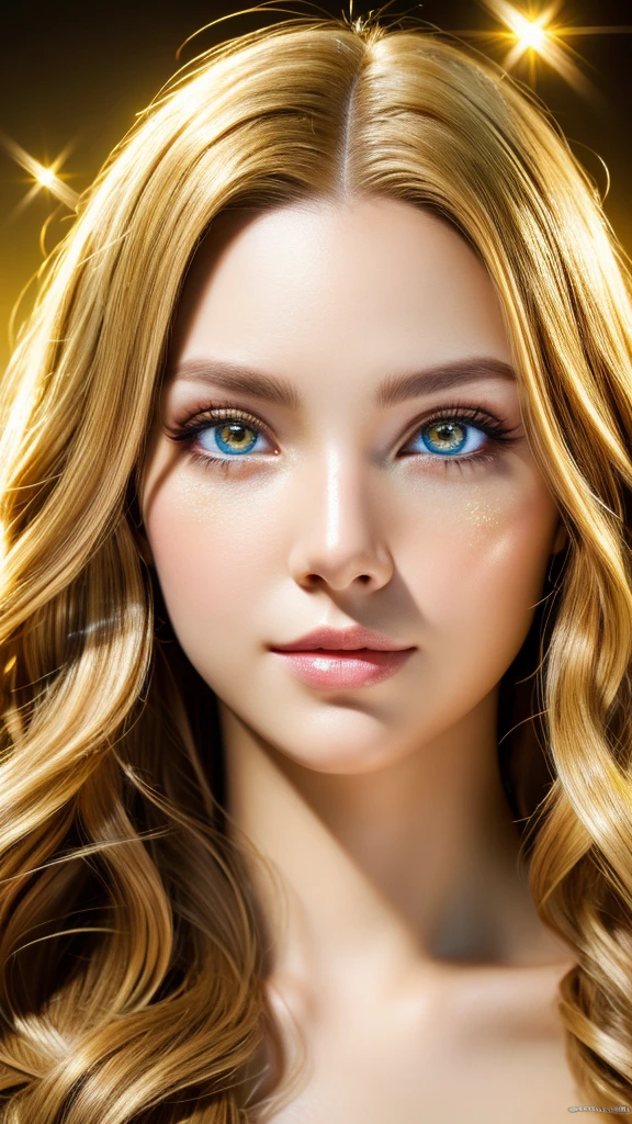 super realistic, super detailed, ultra HD graphics. high resolution. beautiful girl with long hair, golden yellow. golden eyes emitting light.. face sparkling like diamonds. colorful. radiant.. enchanting. HD wallpaper.cosplay 3d game 3d