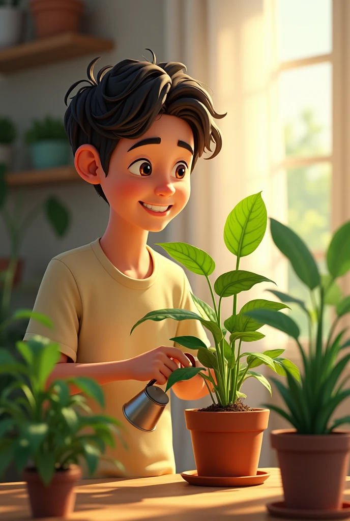  boy with brown hair watering the newly planted seeds