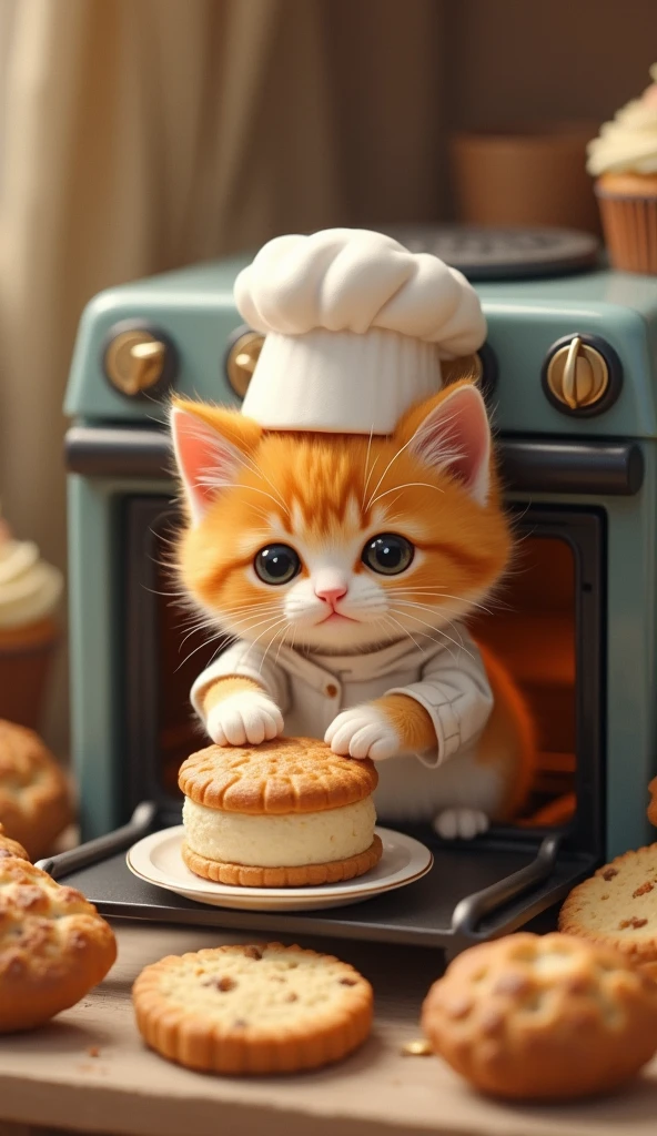 Cute miniature 'light orange and white' kitten in a cook costume baking cake in a cake in a oven. biscuts, cup cakes as background.