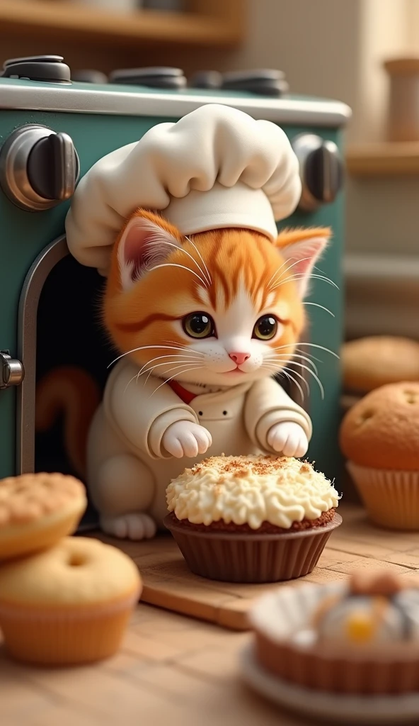 Cute miniature 'light orange and white' kitten in a cook costume baking cake in a cake in a oven. biscuts, cup cakes as background.