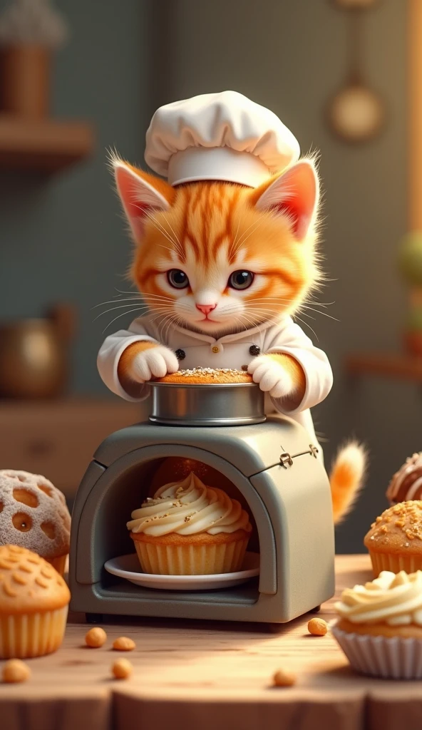 Cute miniature 'light orange and white' kitten in a cook costume baking cake in a cake in a oven. biscuts, cup cakes as background.