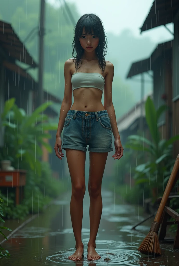 high details , raining ,best quality,8k resolution,full body, the girl,18 yo, myanmar ,short cotton shorts, crop top, cleaning