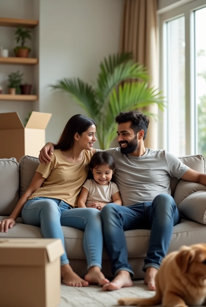 generate image of a young happy couple in their early 30's who have just moved into their new home. Couple is sitting on couch in their living room and their 2 kids, a 6  girl and 3 year kid play with dog near couch. Couple is Indian couple , living hall interior is modern contemporary with few indoor plants. Couple is dressed in smart western casuals like jeans and t-shirt. Picture is taken from little back so that more of their newly decorated in living hall is visible and few unopened cartons to represent that they just moved in and not completely done with unpacking.