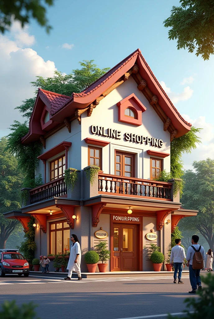 Online shop house, house logo name "Bondhu Online Shopping", a house, building, a city shop, people walking surrounding, Location : Dhaka city, Bangladeshi people, office