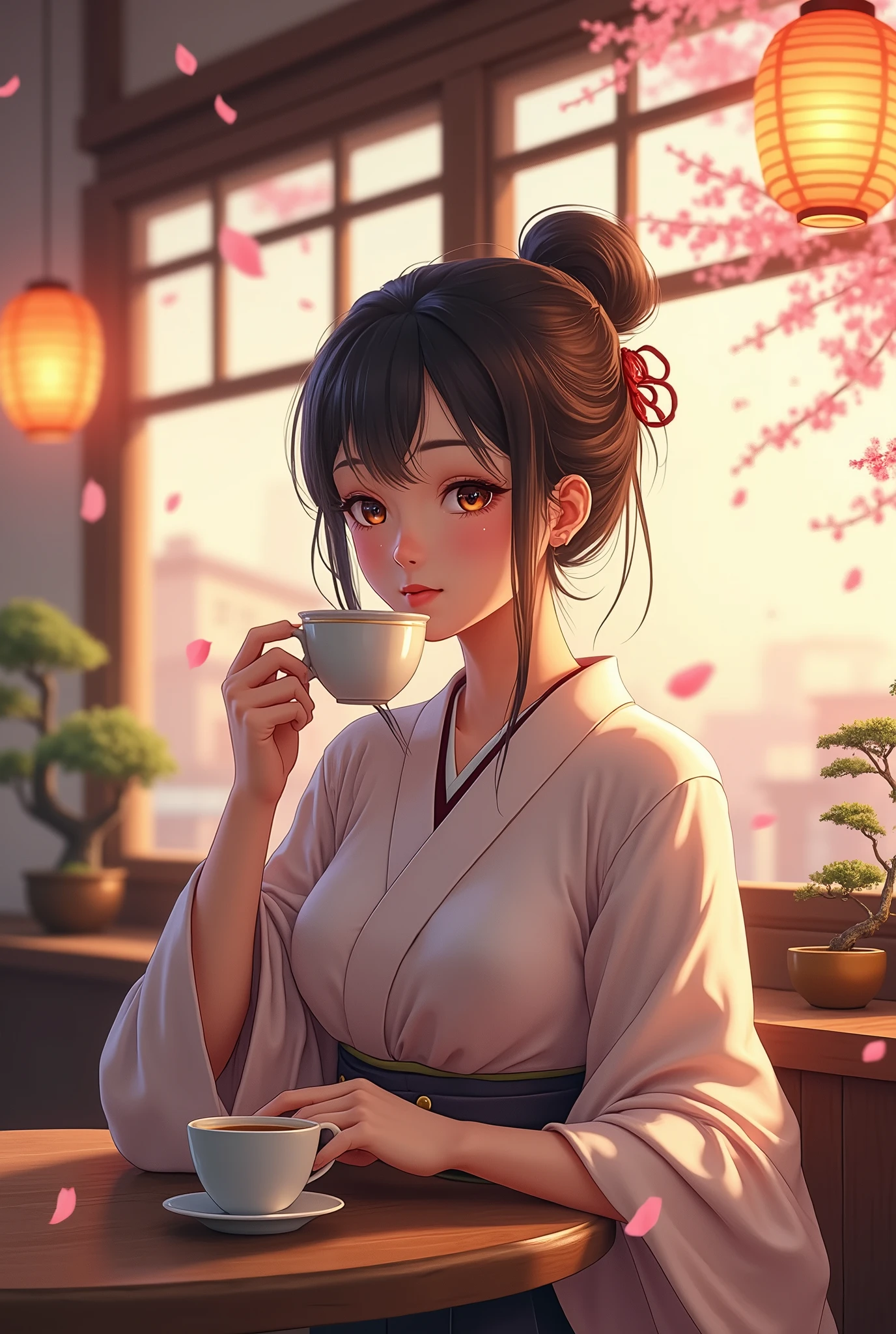 Highest quality　Japanese　Realistic　Beauty　Relaxing at the cafe