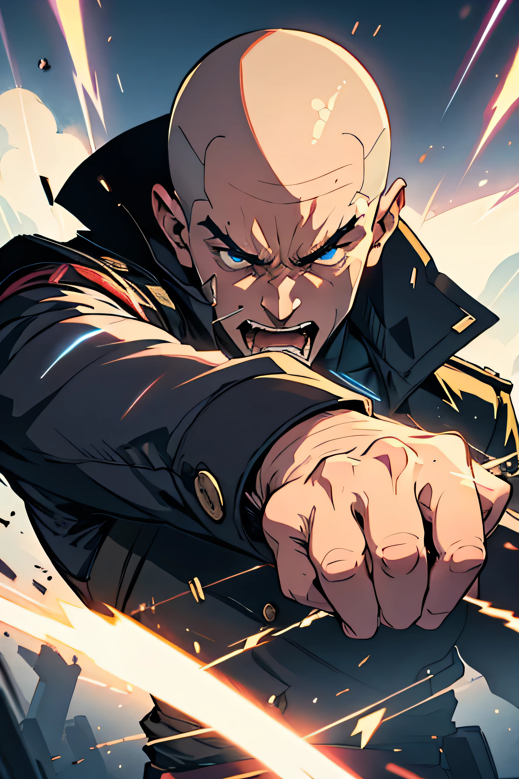 score up_9,score up_8,score up_7,source_anime,masterpiece,best quality,super fine illustration,super detailed, 8k,dynamic angle,perfect hands,perfect body,perfect face,BREAK a old general commernder,a shaved head,BREAK he folds his arms, with wrinkles between his brows. An aura of anger (emanating:1.5) rises from his body.BREAK detailed background,retoro,lightning effect,battle field,(LoRa:0.7)