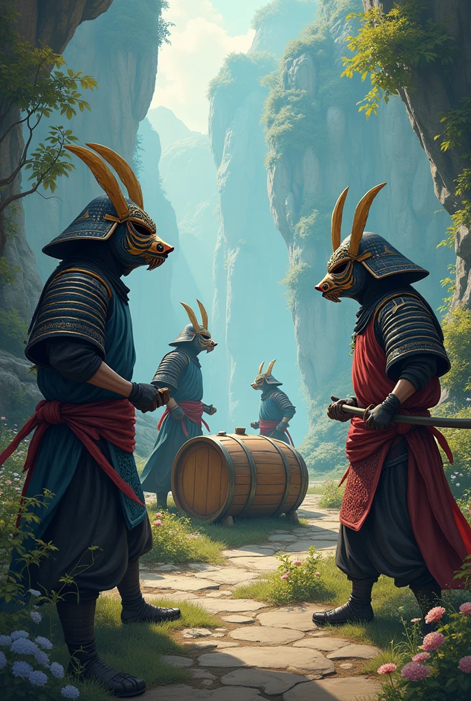 ((Highest quality)), ((masterpiece)), (detailed), Several Samurai、Cute mask、Fantasy、Barrel