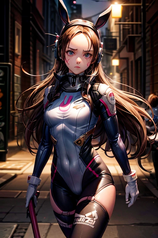 1 girl, (d.and (Overwatch):0.8), alone, long hair, Beard markings, tights, brown hair, facial mark, mitt, chest, brown eyes, pilot suit, cowboy shot, earphone, white gloves, breast, sweeping forehead, skin is tight, Animal Print, forehead, Rabbit print, Golji One Piece Stockings, face painting, pink lips, With my back against the wall, holding a gun, serious expression, Suspicious, consideration, investigation, dark Alley, night, night sky, Red light, (silhouette, hard light:1.2), fighting background