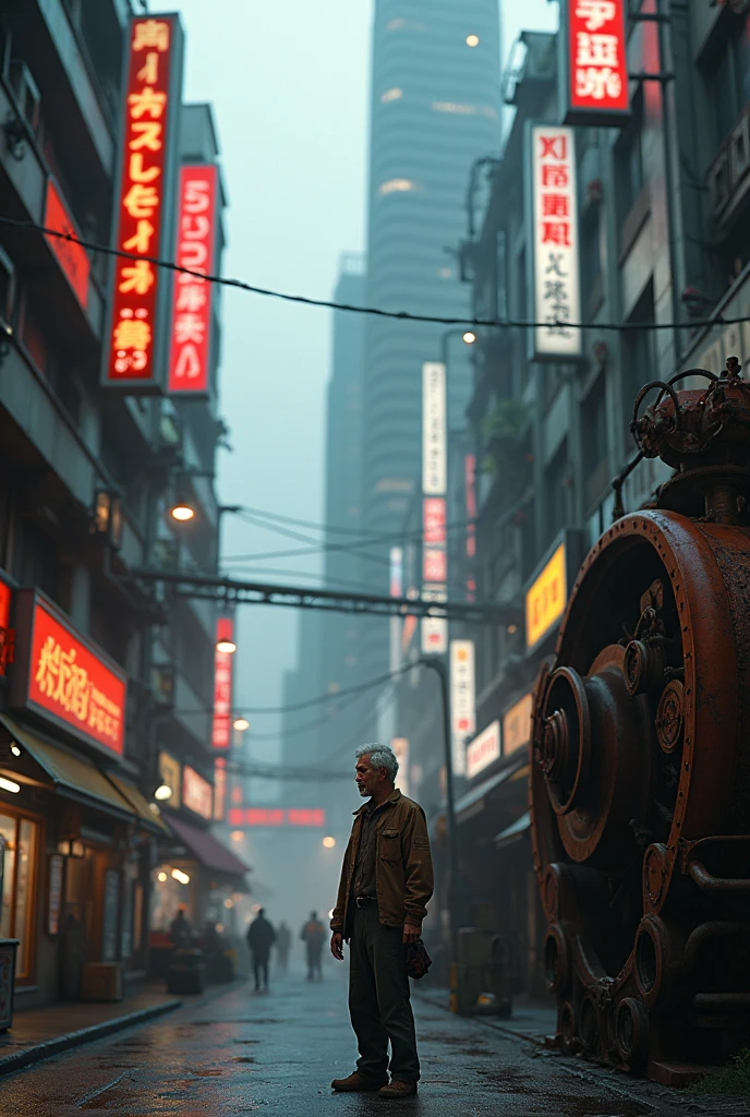 Near future、２０５０Year、Tokyo、Downtown、Cyberpunk、Steampunk、A shabby man、In a corner of the city、Professional work、中Year