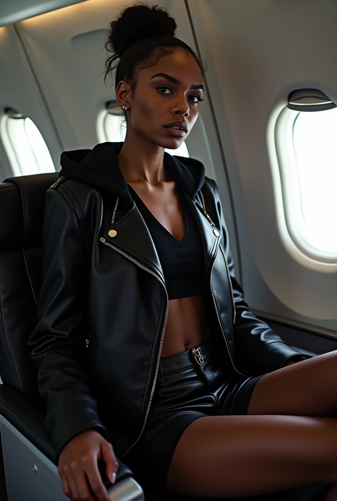 Black woman wearing leather short shorts up in crack black hoodie hair in a bun setting in a seat on a plane