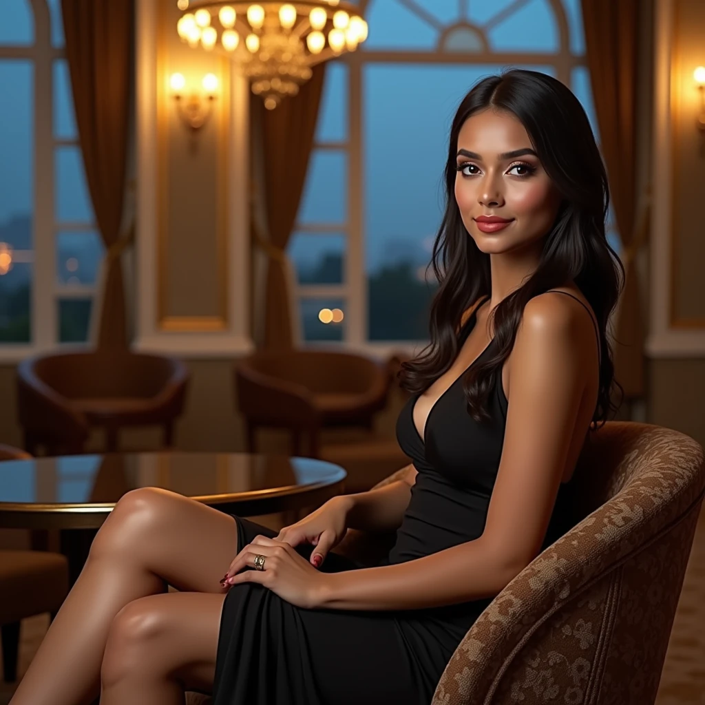best quality,4k,8k,highres,masterpiece:1.2),ultra-detailed,(realistic,photorealistic,photo-realistic:1.37),srilankan 25 year old girl, with attractive facial features,beautiful detailed eyes,beautiful detailed lips,extremely detailed eyes and face,longeyelashes, fair skin tone. big breasts. is seated gracefully on a plush chair beside a round, polished table at a prestigious luxury hotel in Colombo. The woman is wearing a sophisticated evening dress, radiating confidence and poise. The background features grand chandeliers, ornate decor, and large windows offering a glimpse of Colombo's cityscape and blue sky at dusk. with soft lighting casting a warm glow over the scene