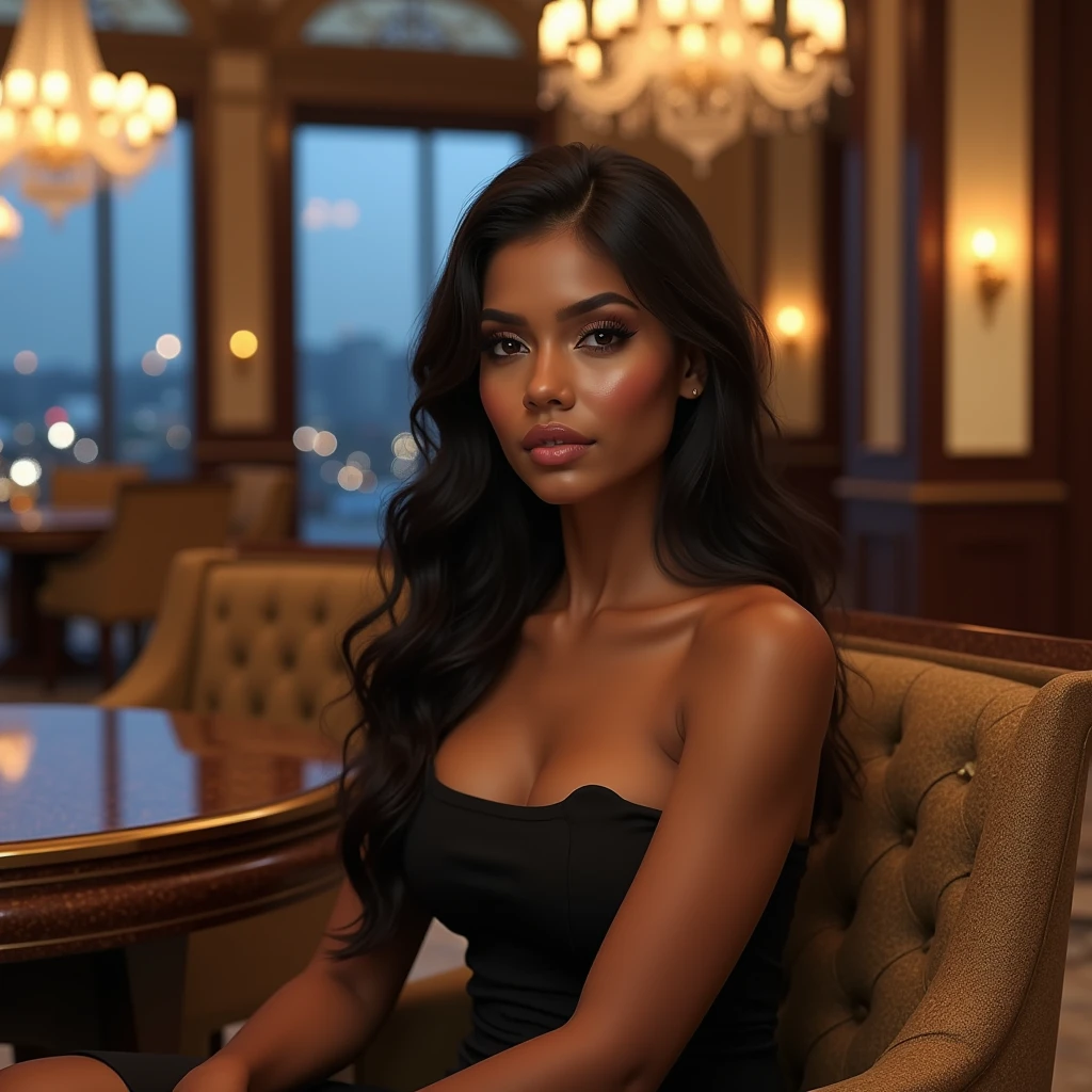 best quality,4k,8k,highres,masterpiece:1.2),ultra-detailed,(realistic,photorealistic,photo-realistic:1.37),srilankan 25 year old girl, with attractive facial features,beautiful detailed eyes,beautiful detailed lips,extremely detailed eyes and face,longeyelashes, fair skin tone. big breasts. is seated gracefully on a plush chair beside a round, polished table at a prestigious luxury hotel in Colombo. The woman is wearing a sophisticated evening dress, radiating confidence and poise. The background features grand chandeliers, ornate decor, and large windows offering a glimpse of Colombo's cityscape and blue sky at dusk. with soft lighting casting a warm glow over the scene
