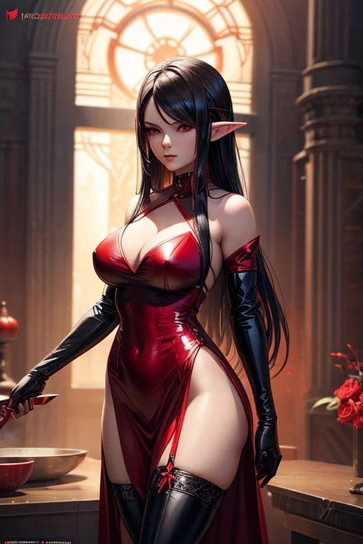 a woman in a black and red outfit holding a knife, v from devil may cry as an elf, seductive anime girl, extremely detailed artgerm, ig model | artgerm, beautiful succubus, succubus in tight short dress, alena aenami and artgerm, 2. 5 d cgi anime fantasy artwork, elf girl, style artgerm