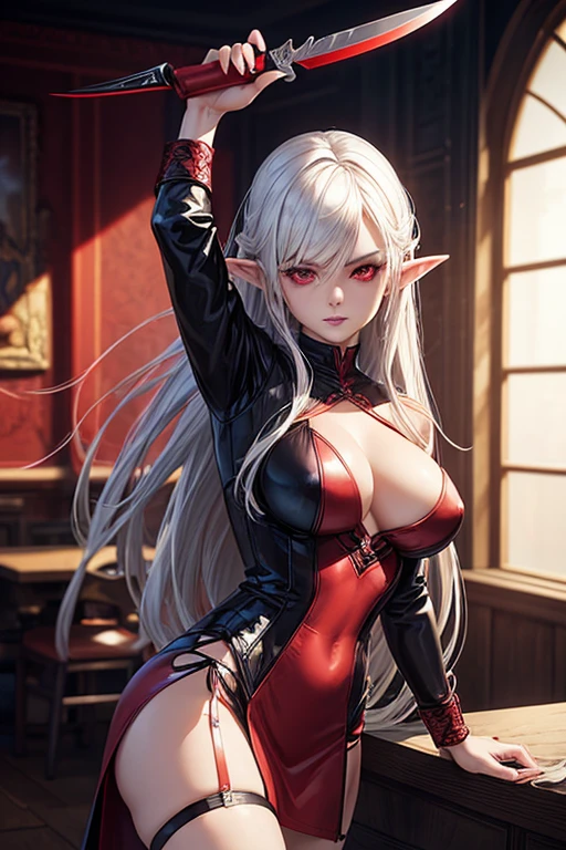 a woman in a black and red outfit holding a knife, v from devil may cry as an elf, seductive anime girl, extremely detailed artgerm, ig model | artgerm, beautiful succubus, succubus in tight short dress, alena aenami and artgerm, 2. 5 d cgi anime fantasy artwork, elf girl, style artgerm