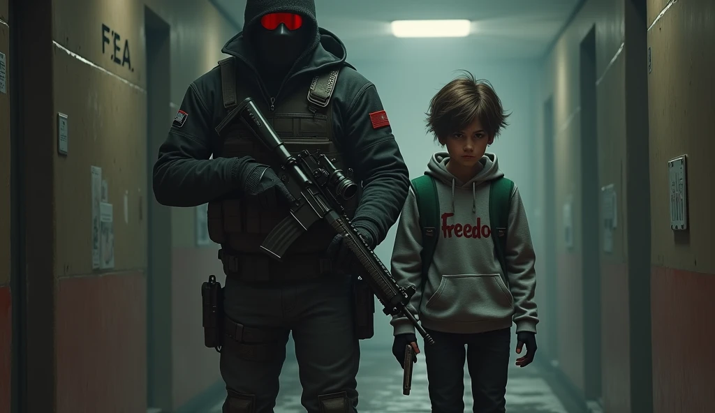 tall F.E.A.R. operative wearing black tactical balaclava and red googles holding assault rifle and standing with a boy holding a pistol and wearing a hood with black shaggy hair, and brown eyes. His attire typically consists of a grey hoodie that features the word “freedom” written on the back, along with black fingerless gloves, black jeans, and black shoes. He also carries a navy green satchel bag. The background is creepy