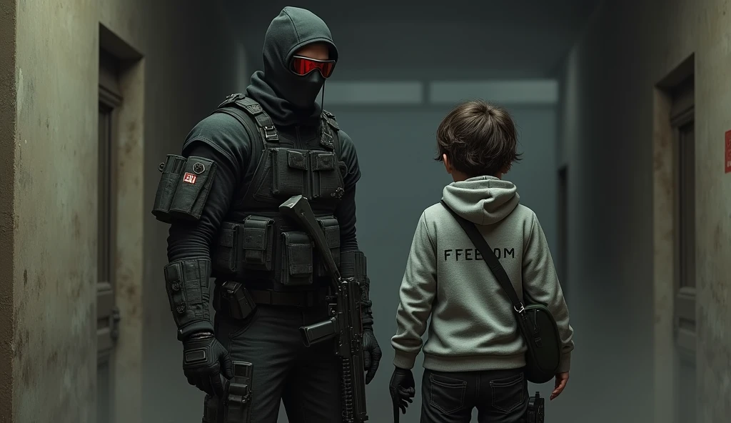 tall F.E.A.R. operative wearing black tactical balaclava and red googles holding assault rifle and standing with a boy holding a pistol and wearing a hood with black shaggy hair, and brown eyes. His attire typically consists of a grey hoodie that features the word “freedom” written on the back, along with black fingerless gloves, black jeans, and black shoes. He also carries a navy green satchel bag. The background is creepy