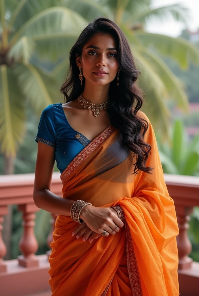 Anusha in sari-sari and blue blouse, Indian, Indian super model, stunning elegant pose, on the balcony , sexy girl with dark face, Dressed in a sari, Indian girl with brown skin, beautiful goddess, traditional beauty, wear a sari, Cute elegant pose, very seductive pose, wear a sari, beautiful girl model, beautiful pose, beautiful female model, attractive pose