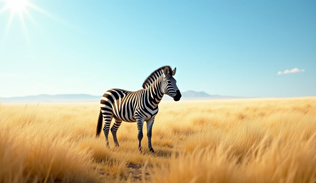 Z is for Zebra, with stripes all around:
"A zebra standing proudly in a grassy plain, its black and white stripes contrasting with the golden grass, under a wide blue sky."
