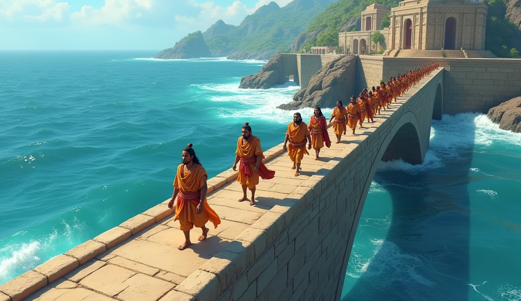 Generate realistic cinematic and 3d cartoon styles image "The completed Ram Setu with Lord Ram, Lakshman, and their army crossing it, with the ocean waves gently crashing against the sides."
