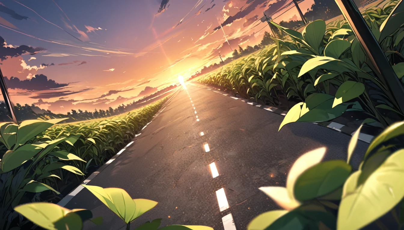 Unmanned roads，Green plants，Sunset，A little cloud，illumination，Low Angle of View，HD