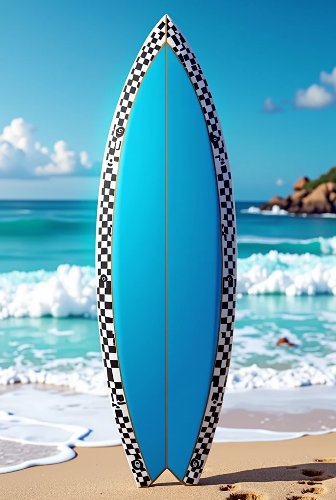 A surfboard with a blue top, which has a black and white checkered border