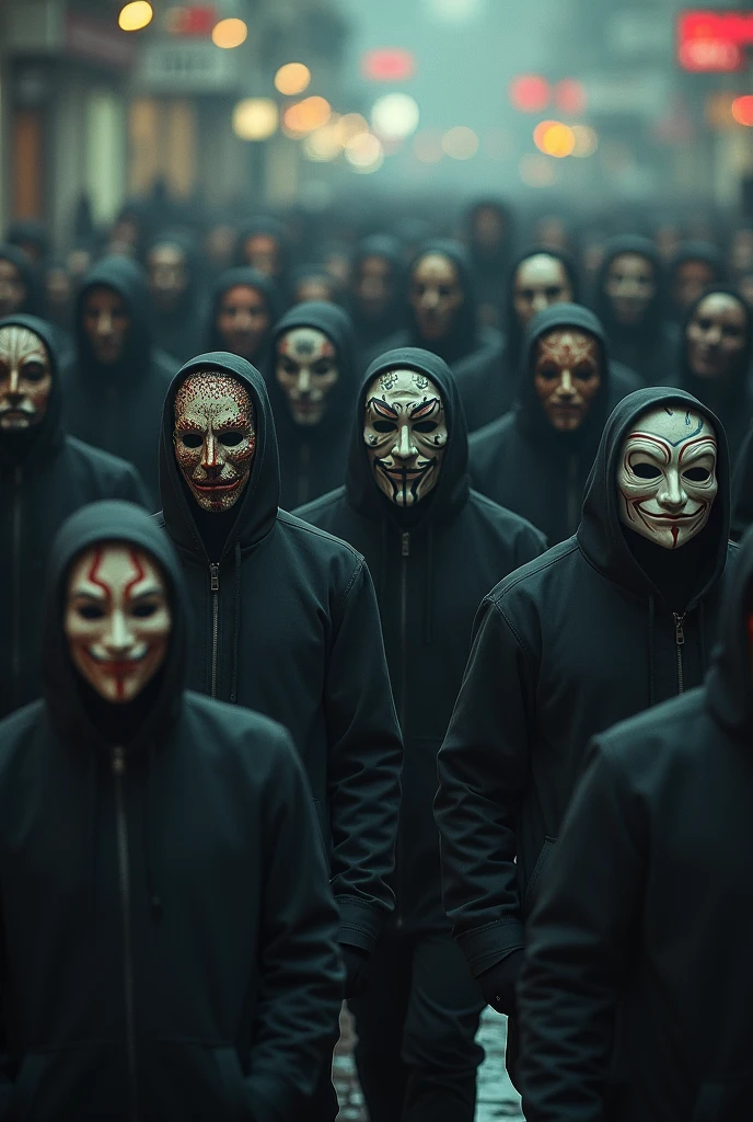 **Une foule de personnes masquées dans un lieu public** : Imagine une scène où chaque personne dans une foule porte un masque étrange, avec des visages inexpressifs, donnant une sensation de malaise.