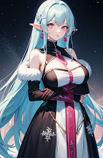 Anime, woman, long hair, pale blue hair, pink eyes, gently, earrings, big boob, wearing a black dress, beautiful, elegant, pure, fantasy, ice, snowflake, snow land, cool, noble, fur coat, elf, smile,