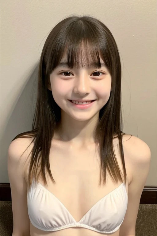 (((Highest quality))) ((masterpiece)) ((Real beautiful girl)) A beautiful girl (Cute face) clear ((Baby Face))s)) (Flat chest) White panties Slim figure smile Creating Bangs