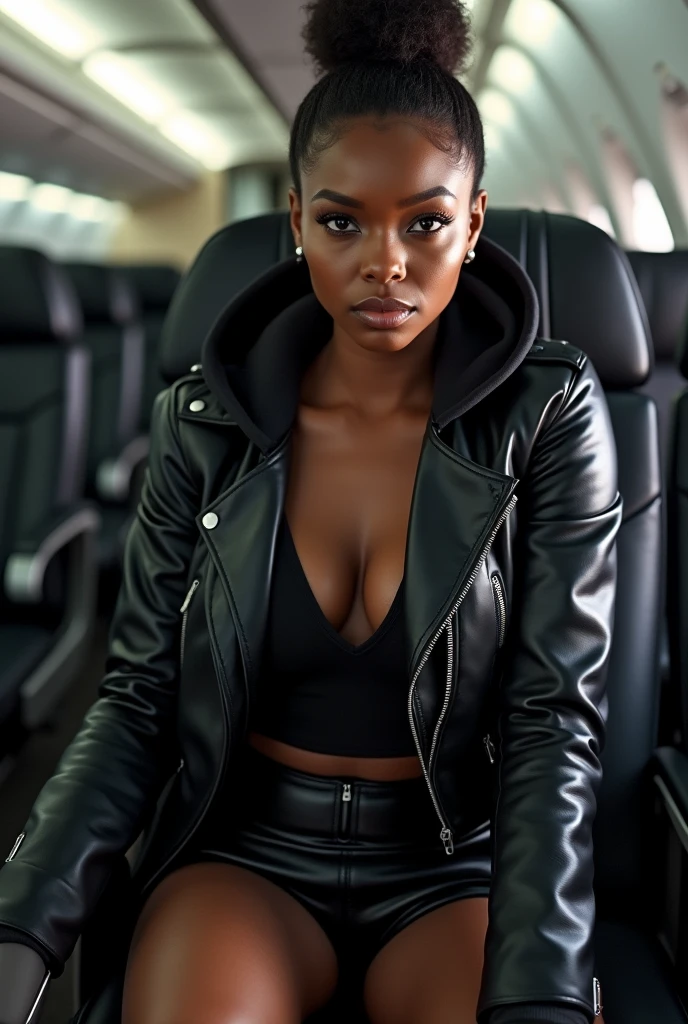 Black woman wearing leather short shorts up in crack black hoodie hair in a bun setting in a seat on a plane